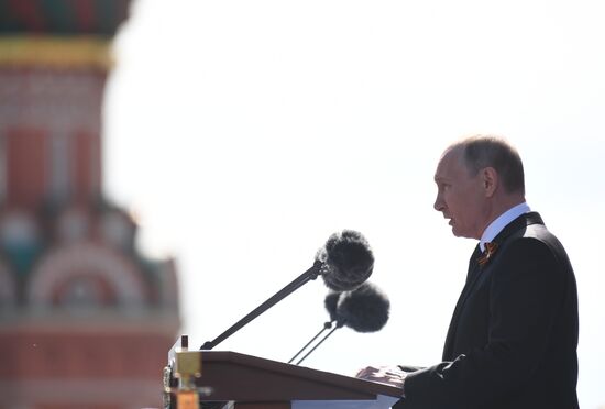 President Vladimir Putin and Prime Minister Dmitry Medvedev at military parade to mark 73rd anniversary of Victory in Great Patriotic War