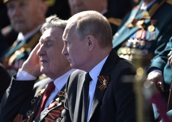 President Vladimir Putin and Prime Minister Dmitry Medvedev at military parade to mark 73rd anniversary of Victory in Great Patriotic War