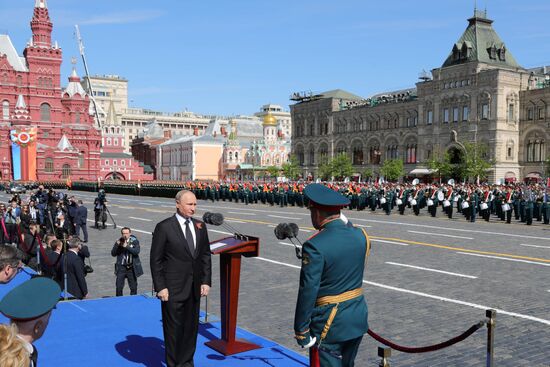 President Vladimir Putin and Prime Minister Dmitry Medvedev at military parade to mark 73rd anniversary of Victory in Great Patriotic War