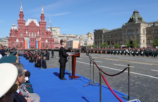 President Vladimir Putin and Prime Minister Dmitry Medvedev at military parade to mark 73rd anniversary of Victory in Great Patriotic War