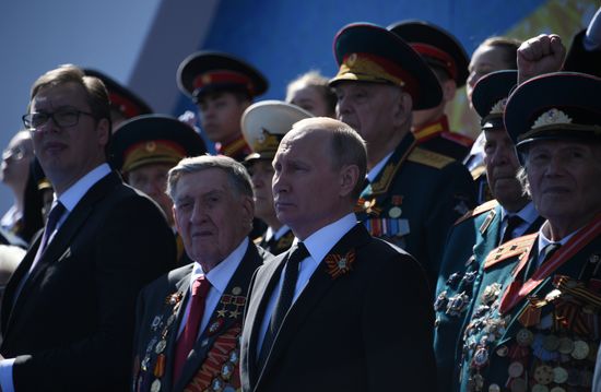President Vladimir Putin and Prime Minister Dmitry Medvedev at military parade to mark 73rd anniversary of Victory in Great Patriotic War