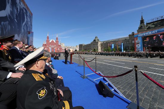 President Vladimir Putin and Prime Minister Dmitry Medvedev at military parade to mark 73rd anniversary of Victory in Great Patriotic War