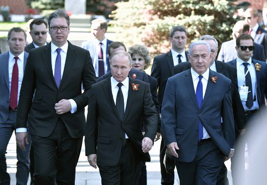 President Vladimir Putin and Prime Minister Dmitry Medvedev at military parade to mark 73rd anniversary of Victory in Great Patriotic War