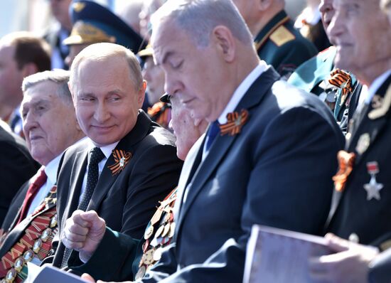 President Vladimir Putin and Prime Minister Dmitry Medvedev at military parade to mark 73rd anniversary of Victory in Great Patriotic War