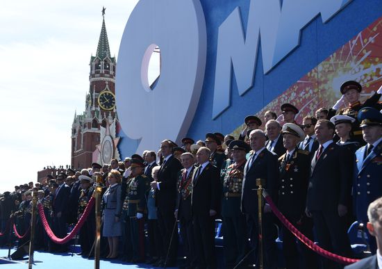 President Vladimir Putin and Prime Minister Dmitry Medvedev at military parade to mark 73rd anniversary of Victory in Great Patriotic War