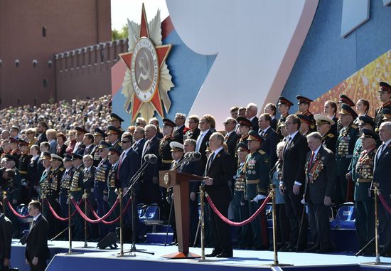 President Vladimir Putin and Prime Minister Dmitry Medvedev at military parade to mark 73rd anniversary of Victory in Great Patriotic War