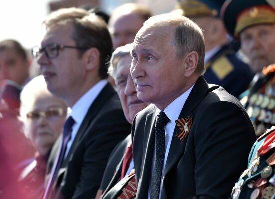 President Vladimir Putin and Prime Minister Dmitry Medvedev at military parade to mark 73rd anniversary of Victory in Great Patriotic War