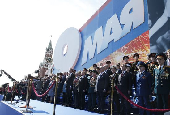 President Vladimir Putin and Prime Minister Dmitry Medvedev at military parade to mark 73rd anniversary of Victory in Great Patriotic War