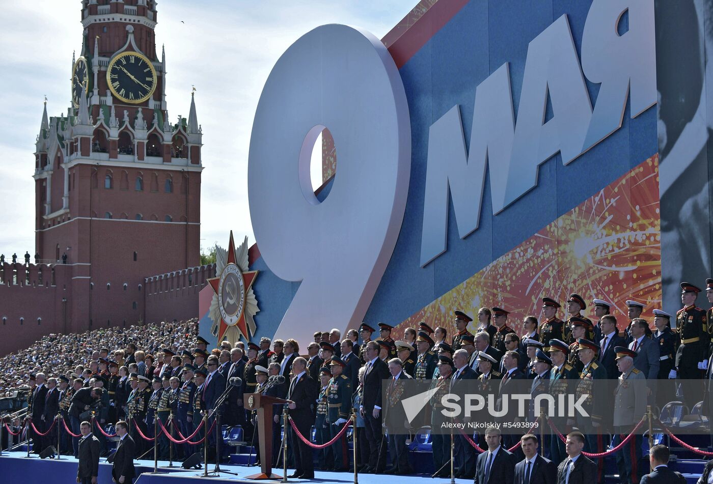 President Vladimir Putin and Prime Minister Dmitry Medvedev at military parade to mark 73rd anniversary of Victory in Great Patriotic War