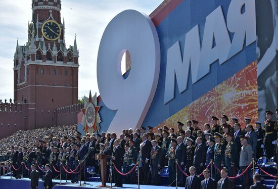 President Vladimir Putin and Prime Minister Dmitry Medvedev at military parade to mark 73rd anniversary of Victory in Great Patriotic War