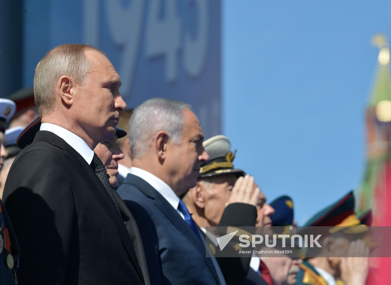 President Vladimir Putin and Prime Minister Dmitry Medvedev at military parade to mark 73rd anniversary of Victory in Great Patriotic War
