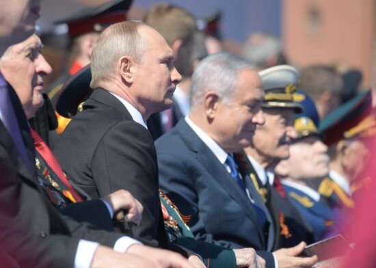 President Vladimir Putin and Prime Minister Dmitry Medvedev at military parade to mark 73rd anniversary of Victory in Great Patriotic War