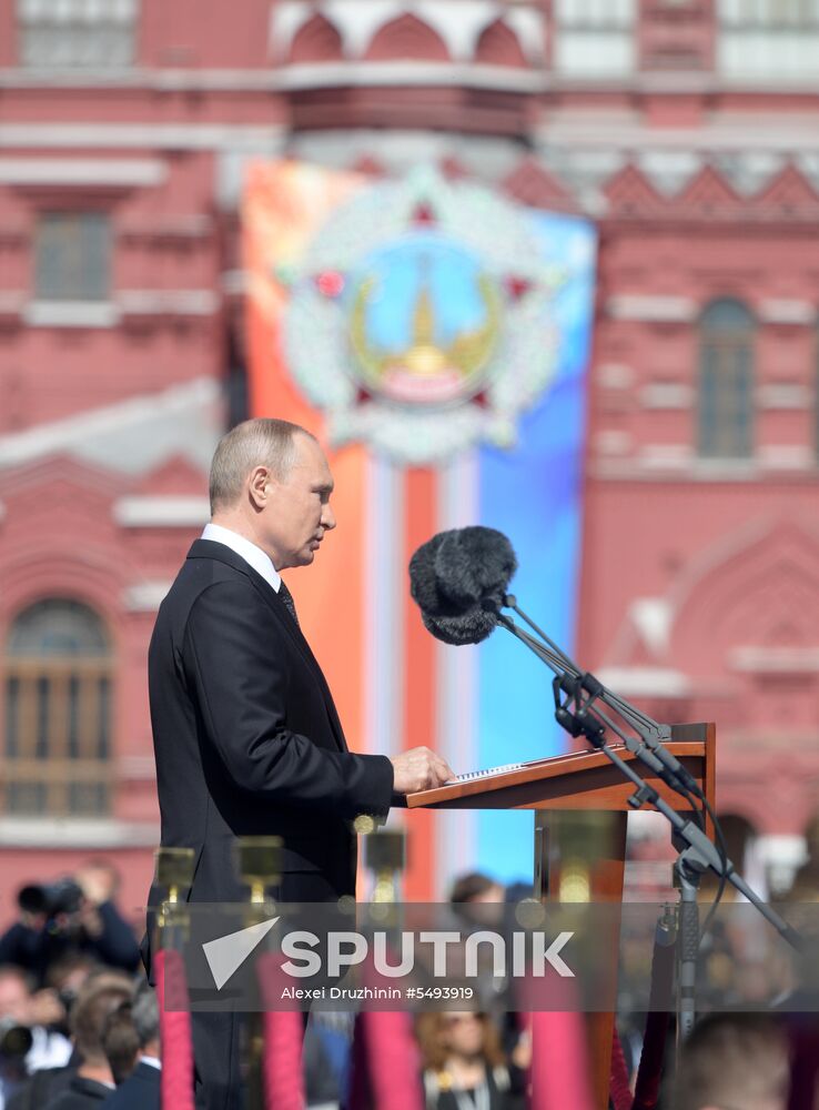 President Vladimir Putin and Prime Minister Dmitry Medvedev at military parade to mark 73rd anniversary of Victory in Great Patriotic War