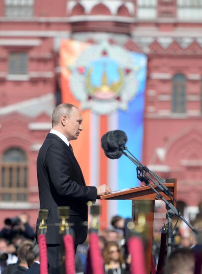 President Vladimir Putin and Prime Minister Dmitry Medvedev at military parade to mark 73rd anniversary of Victory in Great Patriotic War