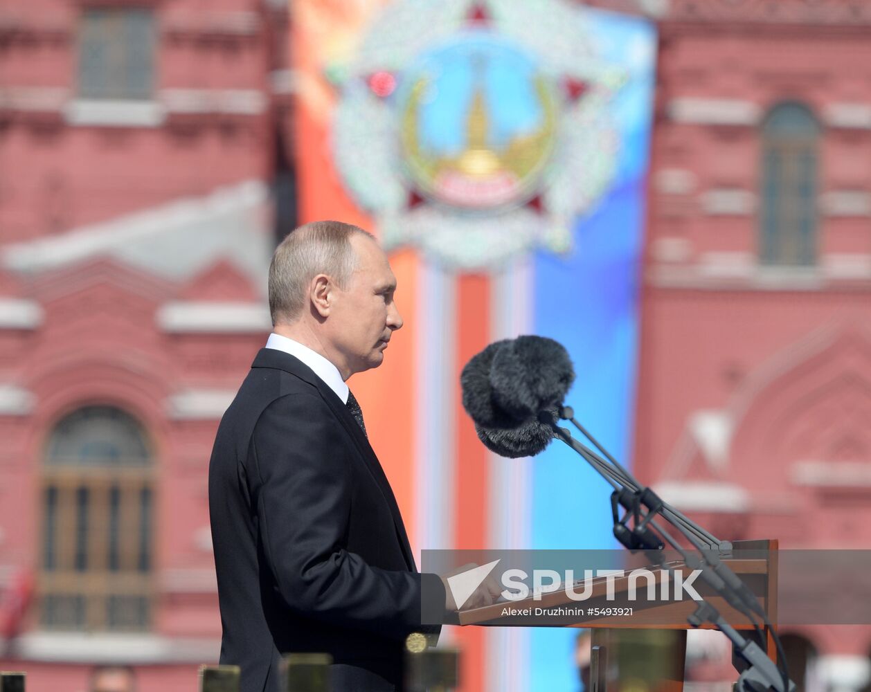 President Vladimir Putin and Prime Minister Dmitry Medvedev at military parade to mark 73rd anniversary of Victory in Great Patriotic War