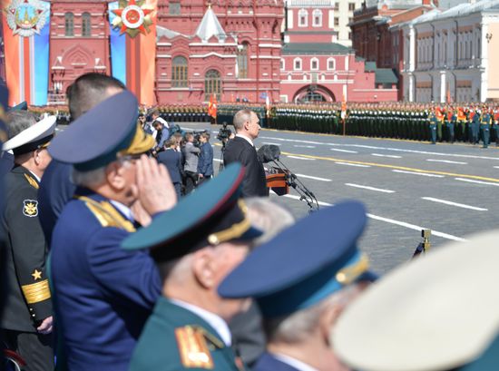 President Vladimir Putin and Prime Minister Dmitry Medvedev at military parade to mark 73rd anniversary of Victory in Great Patriotic War