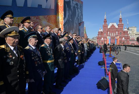 President Vladimir Putin and Prime Minister Dmitry Medvedev at military parade to mark 73rd anniversary of Victory in Great Patriotic War