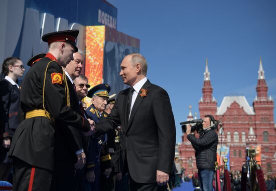 President Vladimir Putin and Prime Minister Dmitry Medvedev at military parade to mark 73rd anniversary of Victory in Great Patriotic War