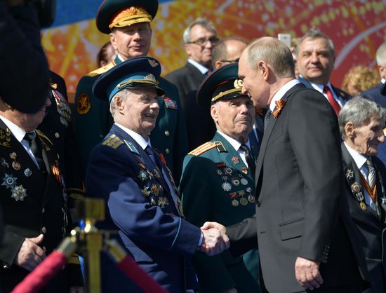 President Vladimir Putin and Prime Minister Dmitry Medvedev at military parade to mark 73rd anniversary of Victory in Great Patriotic War