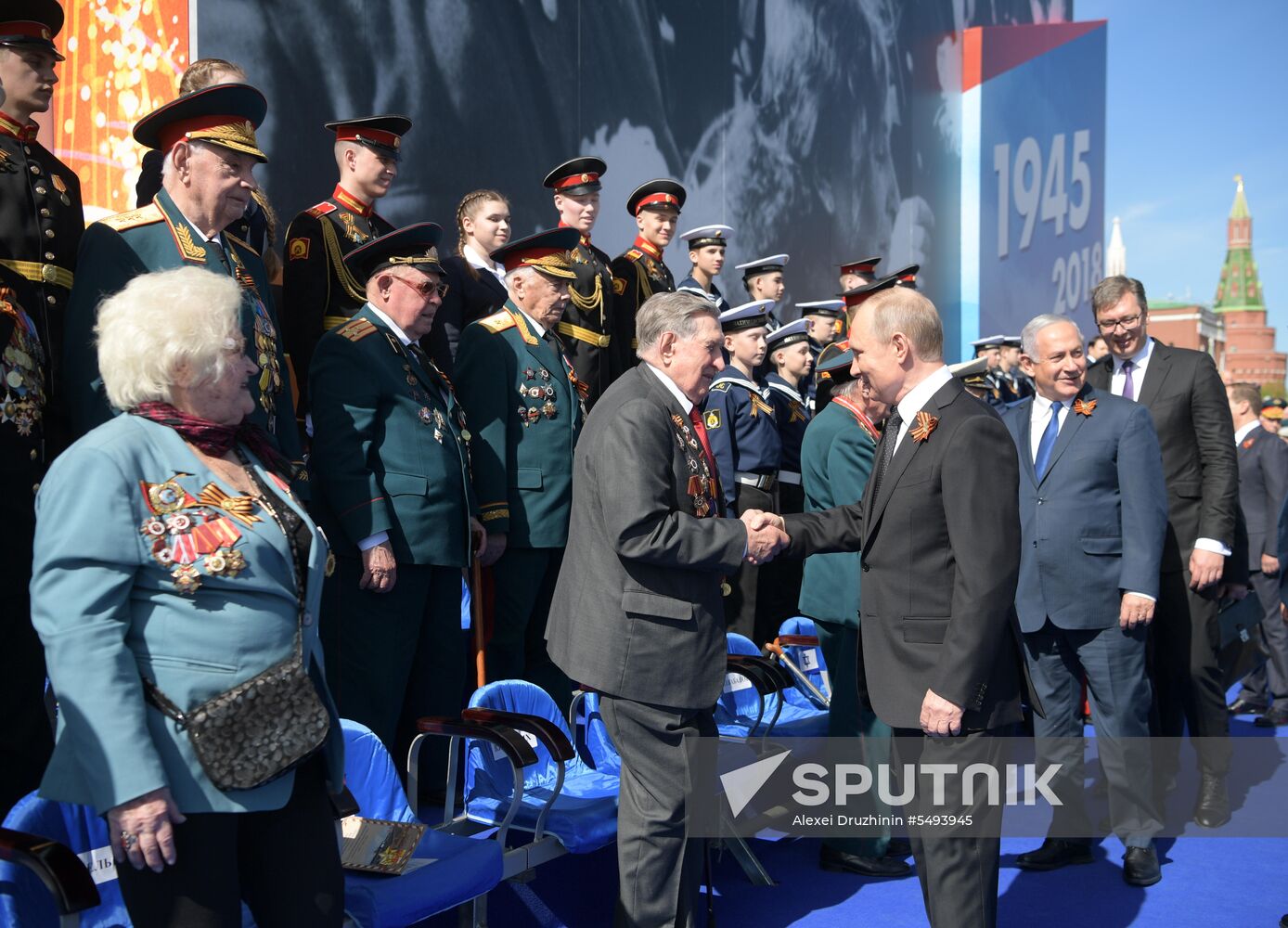 President Vladimir Putin and Prime Minister Dmitry Medvedev at military parade to mark 73rd anniversary of Victory in Great Patriotic War