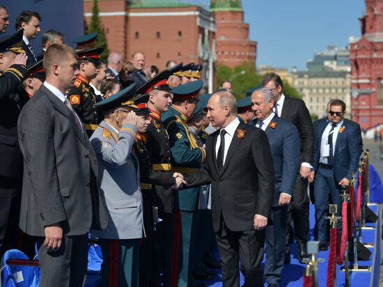 President Vladimir Putin and Prime Minister Dmitry Medvedev at military parade to mark 73rd anniversary of Victory in Great Patriotic War