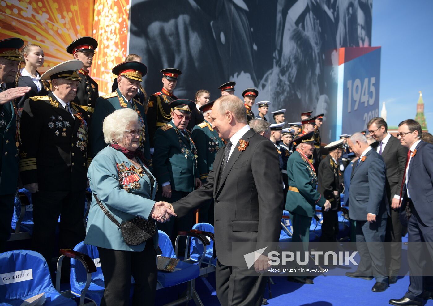 President Vladimir Putin and Prime Minister Dmitry Medvedev at military parade to mark 73rd anniversary of Victory in Great Patriotic War