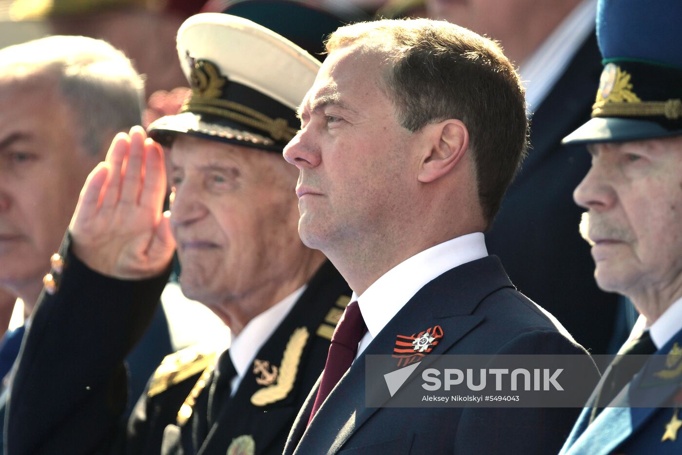 President Vladimir Putin and Prime Minister Dmitry Medvedev at military parade to mark 73rd anniversary of Victory in Great Patriotic War