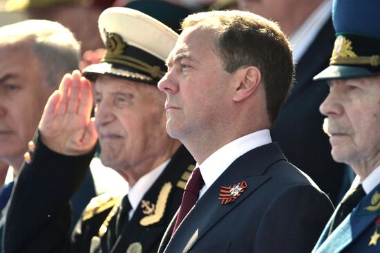 President Vladimir Putin and Prime Minister Dmitry Medvedev at military parade to mark 73rd anniversary of Victory in Great Patriotic War