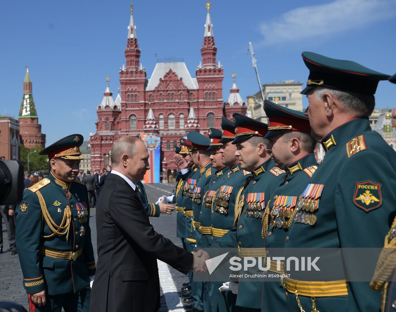 President Vladimir Putin and Prime Minister Dmitry Medvedev at military parade to mark 73rd anniversary of Victory in Great Patriotic War