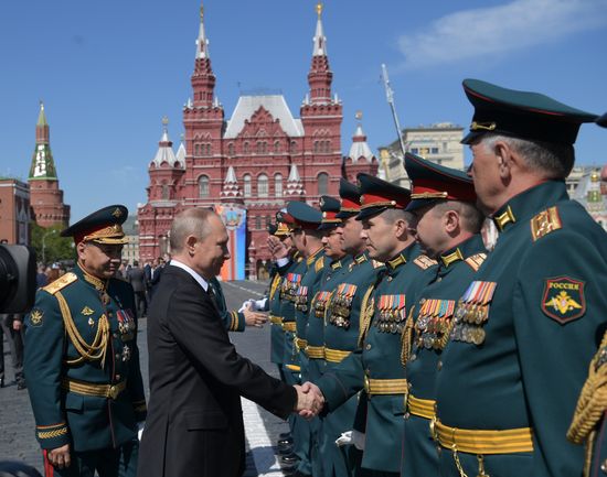 President Vladimir Putin and Prime Minister Dmitry Medvedev at military parade to mark 73rd anniversary of Victory in Great Patriotic War