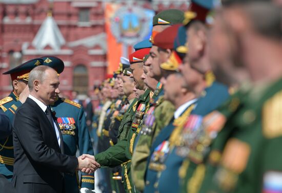 President Vladimir Putin and Prime Minister Dmitry Medvedev at military parade to mark 73rd anniversary of Victory in Great Patriotic War