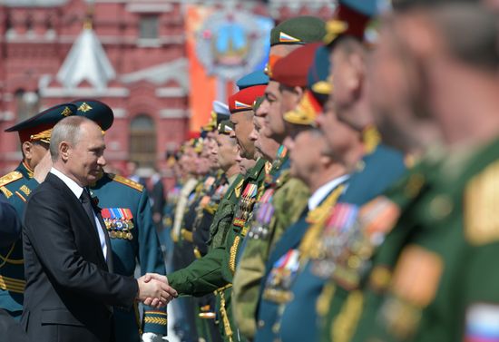 President Vladimir Putin and Prime Minister Dmitry Medvedev at military parade to mark 73rd anniversary of Victory in Great Patriotic War