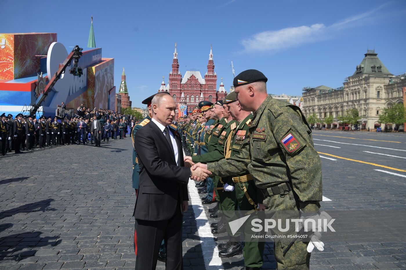 President Vladimir Putin and Prime Minister Dmitry Medvedev at military parade to mark 73rd anniversary of Victory in Great Patriotic War