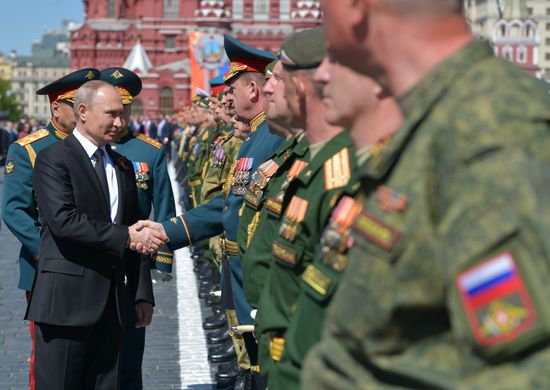President Vladimir Putin and Prime Minister Dmitry Medvedev at military parade to mark 73rd anniversary of Victory in Great Patriotic War