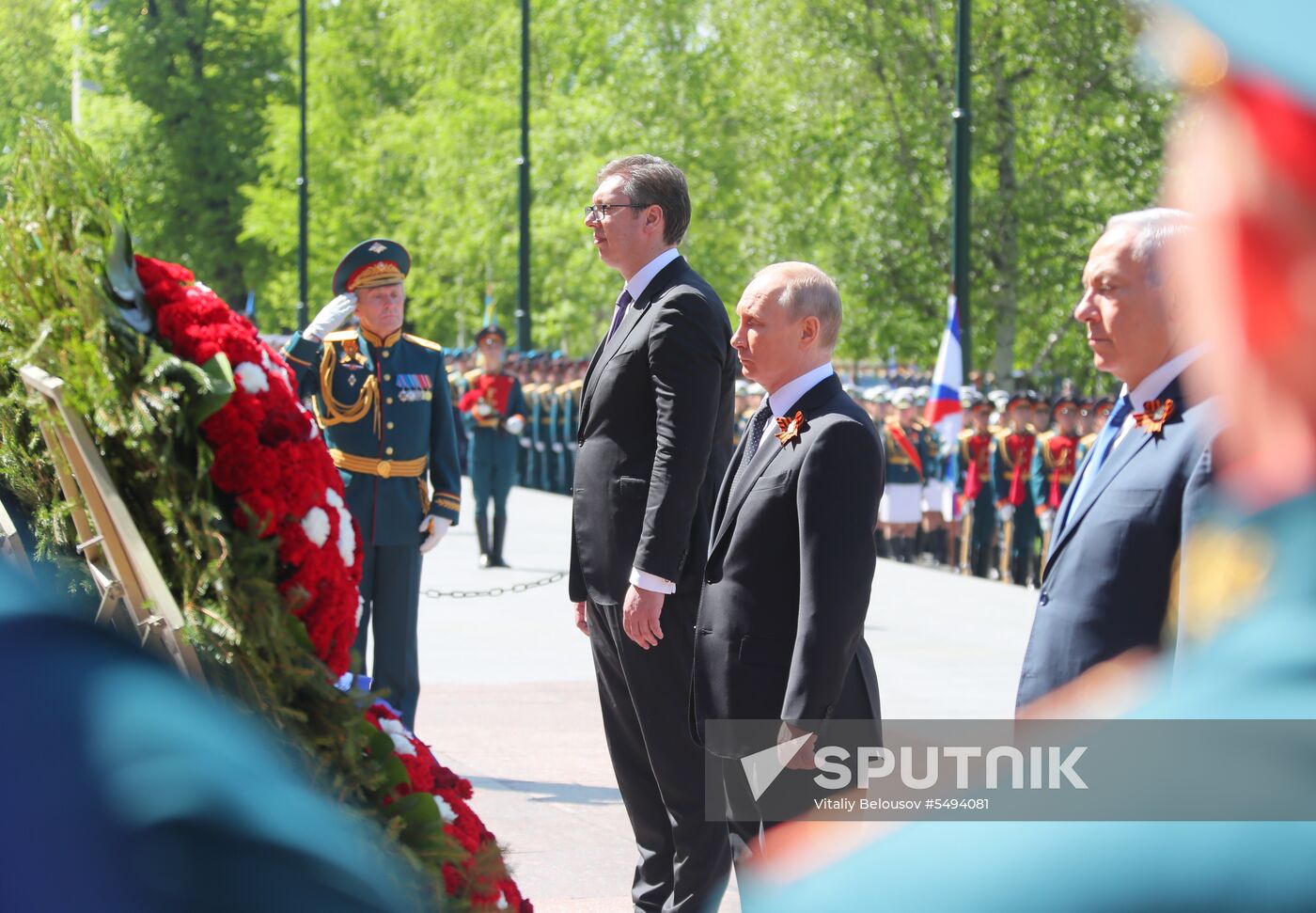 President Vladimir Putin and Prime Minister Dmitry Medvedev at wreath-laying ceremony at Unknown Soldiers' Tomb