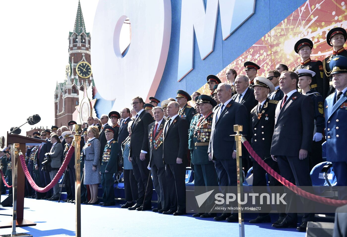 President Vladimir Putin and Prime Minister Dmitry Medvedev at military parade to mark 73rd anniversary of Victory in Great Patriotic War