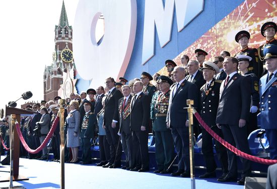 President Vladimir Putin and Prime Minister Dmitry Medvedev at military parade to mark 73rd anniversary of Victory in Great Patriotic War