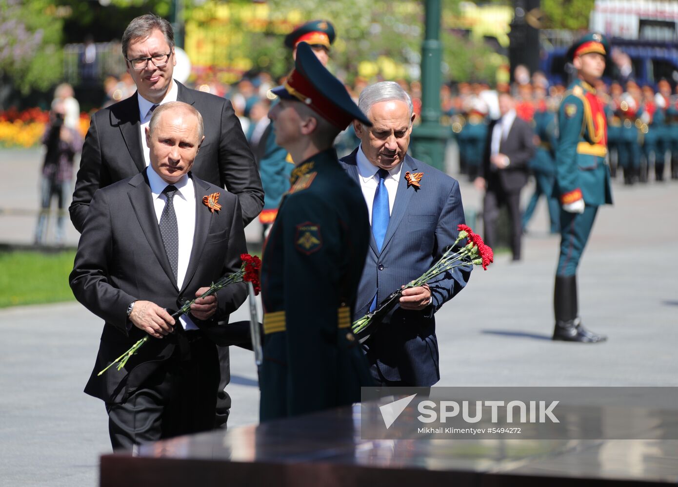 President Vladimir Putin and Prime Minister Dmitry Medvedev at wreath-laying ceremony at Unknown Soldiers' Tomb
