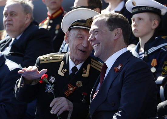 President Vladimir Putin and Prime Minister Dmitry Medvedev at military parade to mark 73rd anniversary of Victory in Great Patriotic War