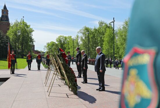 President Vladimir Putin and Prime Minister Dmitry Medvedev at wreath-laying ceremony at Unknown Soldiers' Tomb