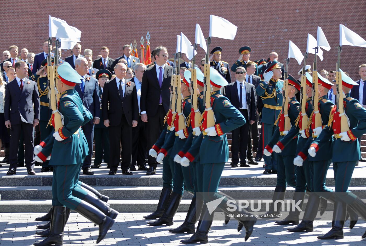 President Vladimir Putin and Prime Minister Dmitry Medvedev at wreath-laying ceremony at Unknown Soldiers' Tomb