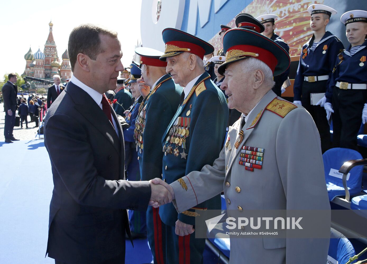 President Vladimir Putin and Prime Minister Dmitry Medvedev at military parade to mark 73rd anniversary of Victory in Great Patriotic War