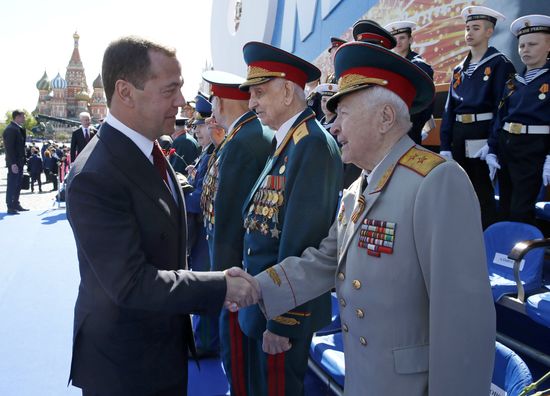 President Vladimir Putin and Prime Minister Dmitry Medvedev at military parade to mark 73rd anniversary of Victory in Great Patriotic War