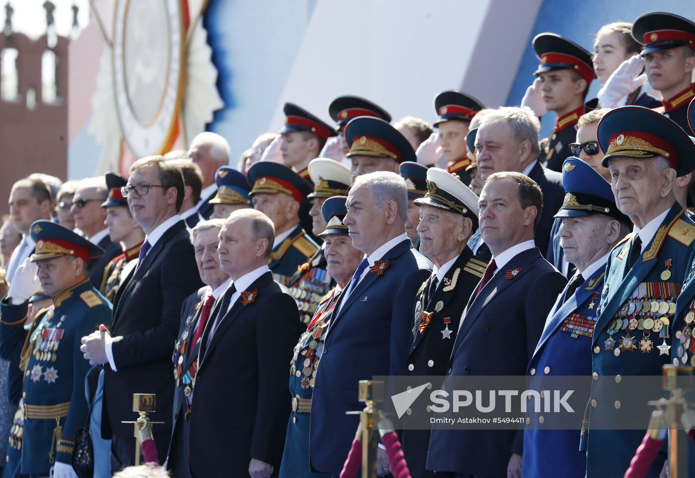 President Vladimir Putin and Prime Minister Dmitry Medvedev at military parade to mark 73rd anniversary of Victory in Great Patriotic War