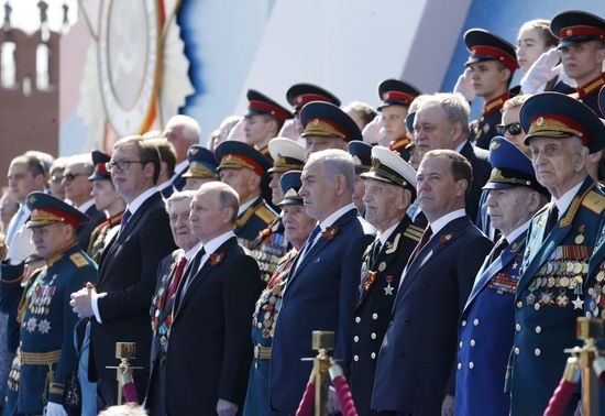 President Vladimir Putin and Prime Minister Dmitry Medvedev at military parade to mark 73rd anniversary of Victory in Great Patriotic War