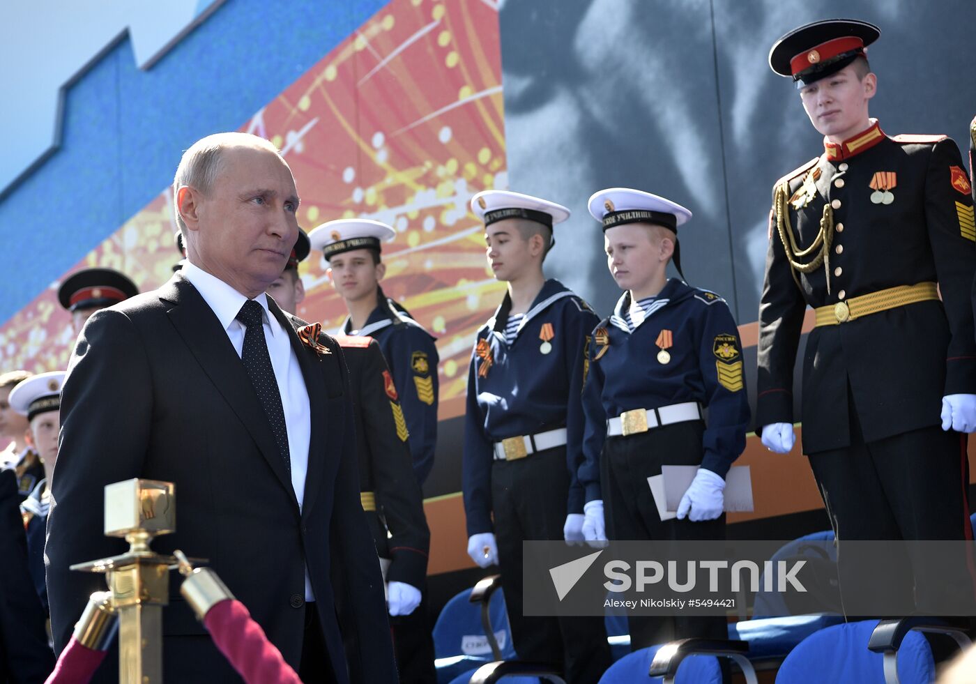 President Vladimir Putin and Prime Minister Dmitry Medvedev at military parade to mark 73rd anniversary of Victory in Great Patriotic War