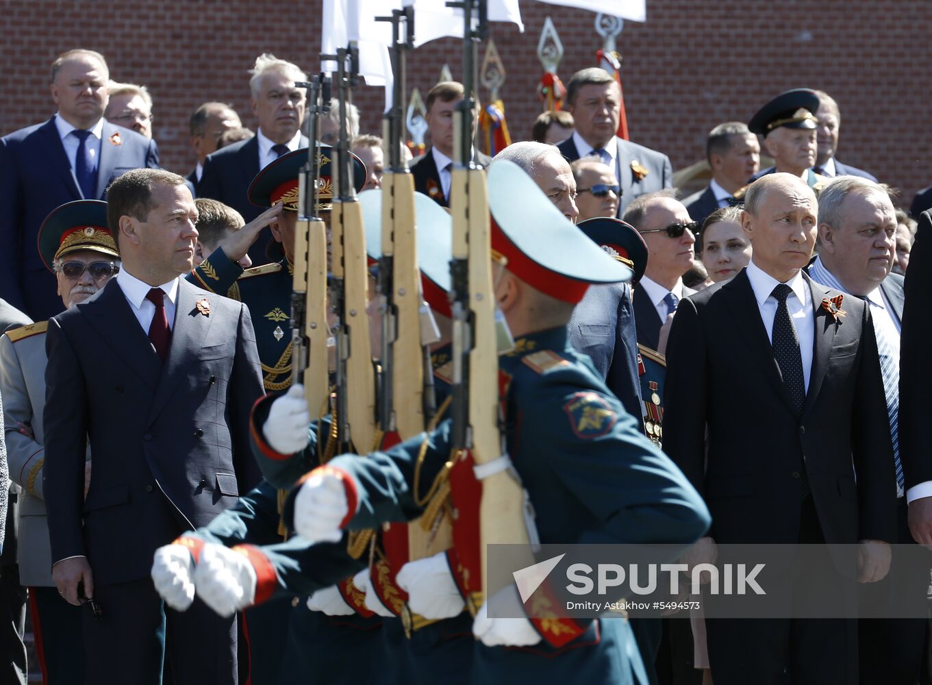 President Vladimir Putin and Prime Minister Dmitry Medvedev at wreath-laying ceremony at Unknown Soldiers' Tomb