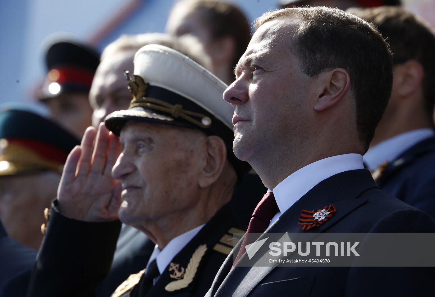 President Vladimir Putin and Prime Minister Dmitry Medvedev at military parade to mark 73rd anniversary of Victory in Great Patriotic War