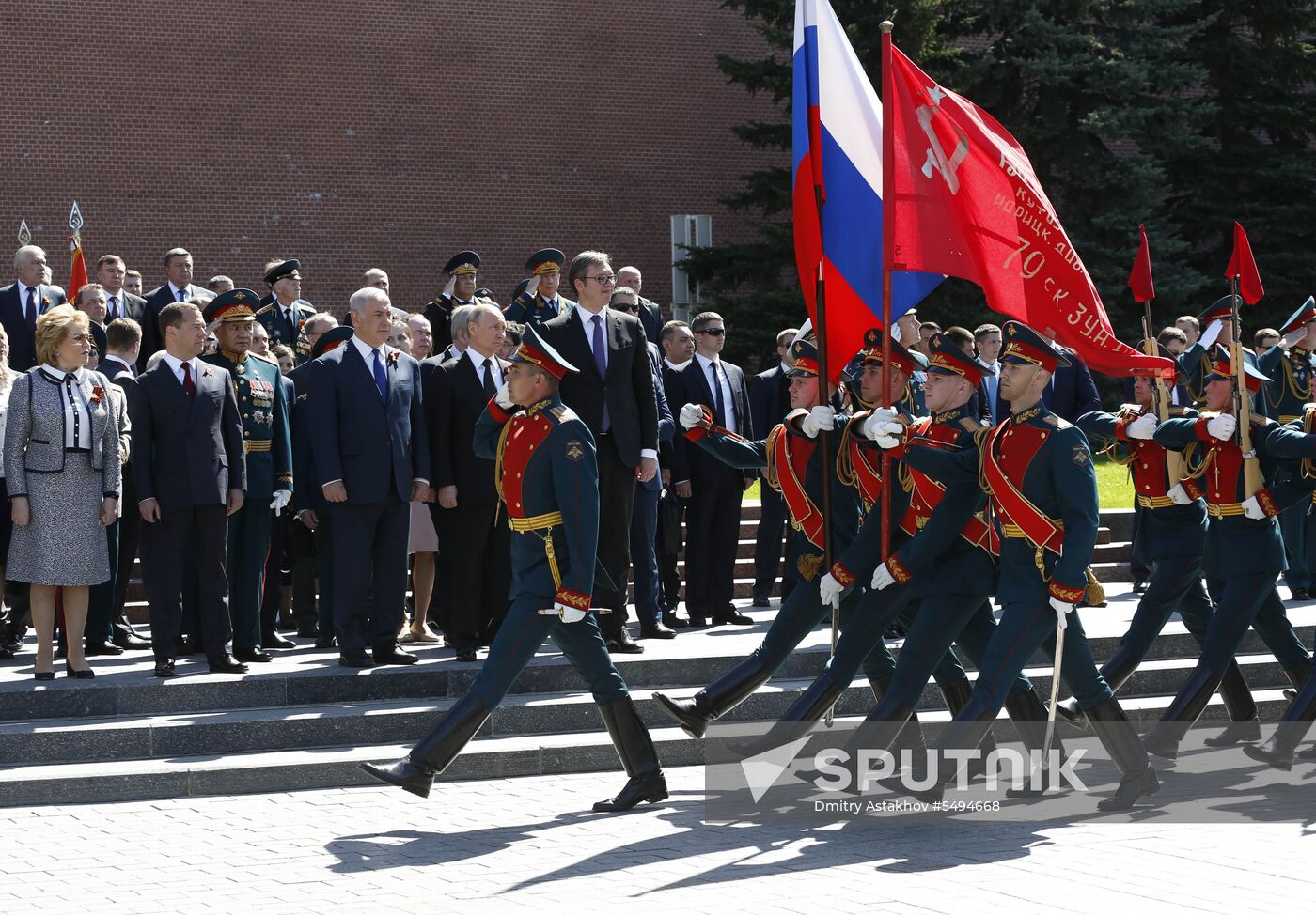 President Vladimir Putin and Prime Minister Dmitry Medvedev at wreath-laying ceremony at Unknown Soldiers' Tomb