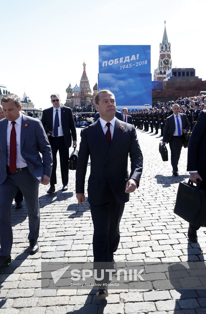 President Vladimir Putin and Prime Minister Dmitry Medvedev at military parade to mark 73rd anniversary of Victory in Great Patriotic War